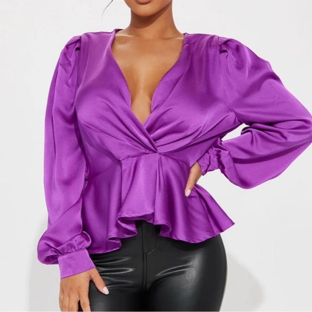 Vibrant Purple Puff Sleeve Blouse with Wrap Peplum Style